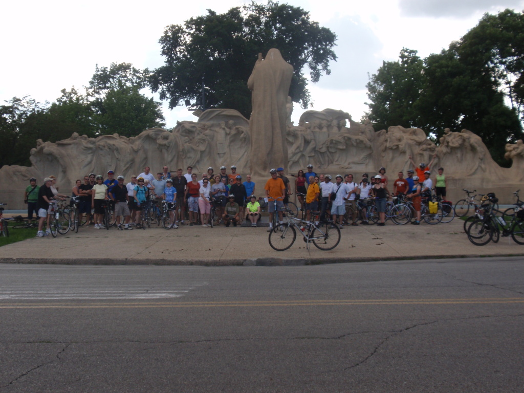 Tour of Hyde Park riders in front of the Fountain of Time