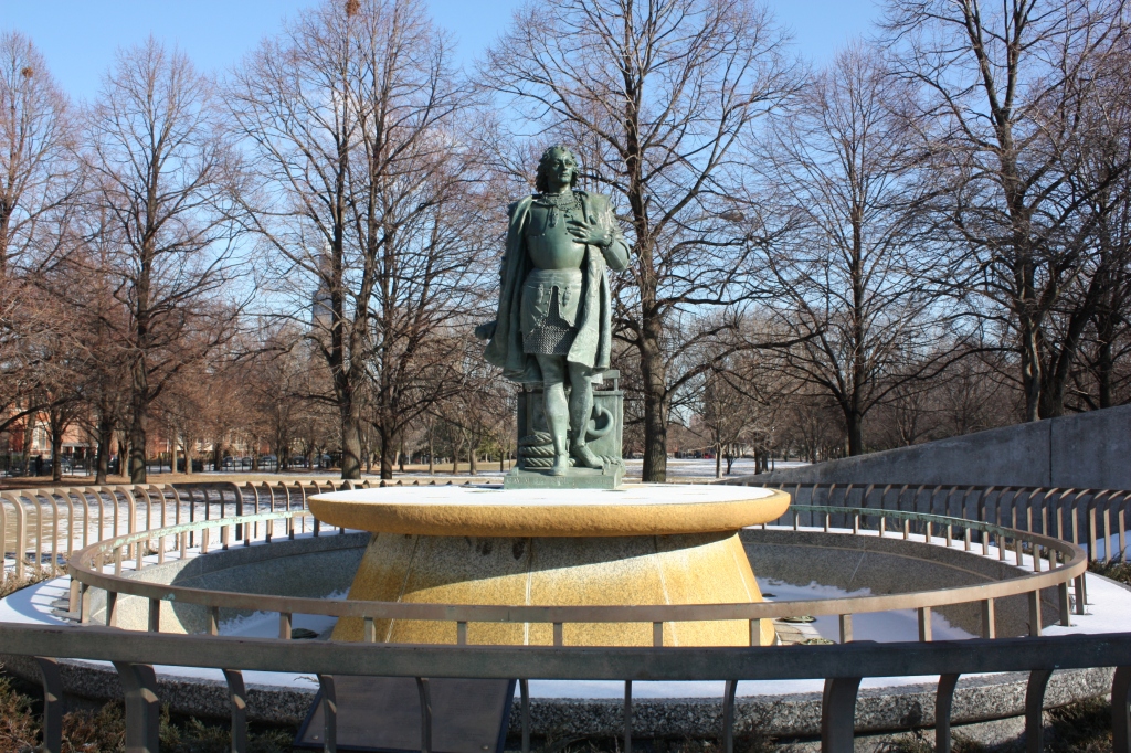 Columbus fountain guarding Arrigo Park entrance