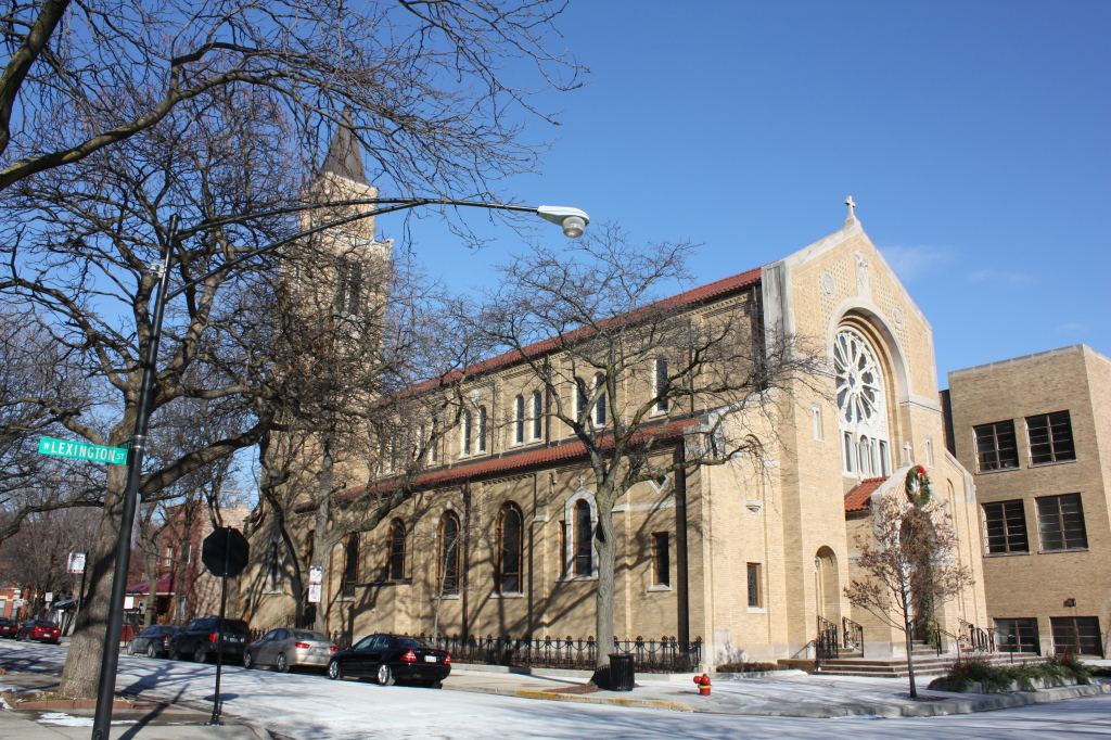 Our Lady of Pompeii Roman Catholic Church at 1224 W Lexington St, a Romanesque Revival church by Worthmann and Steinbach from the 1920s.